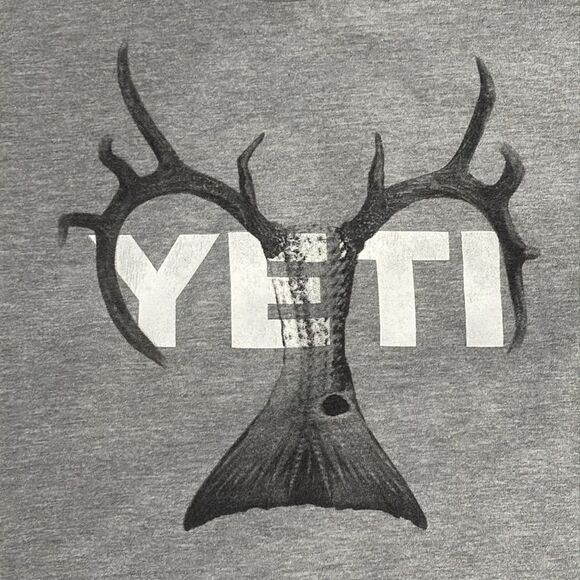 YETI Antlers & Fish Tail Graphic Tee Heather Gray Men’s T-Shirt — Size M - Picture 3 of 5